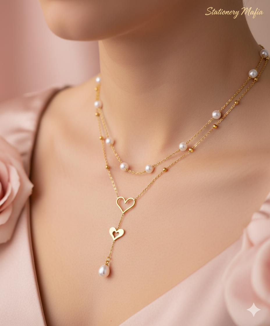 Double Heart Pearl Necklace