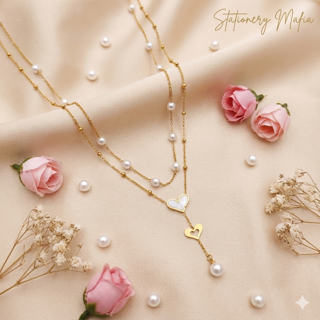 Double Heart Pearl Necklace